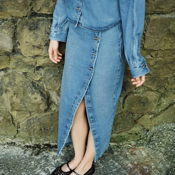 [🌟 PRICE FIRM] ZARA Denim Crossover Midi Skirt Blue Jean Pencil Skirt w/ Slit - Picture 3 of 15